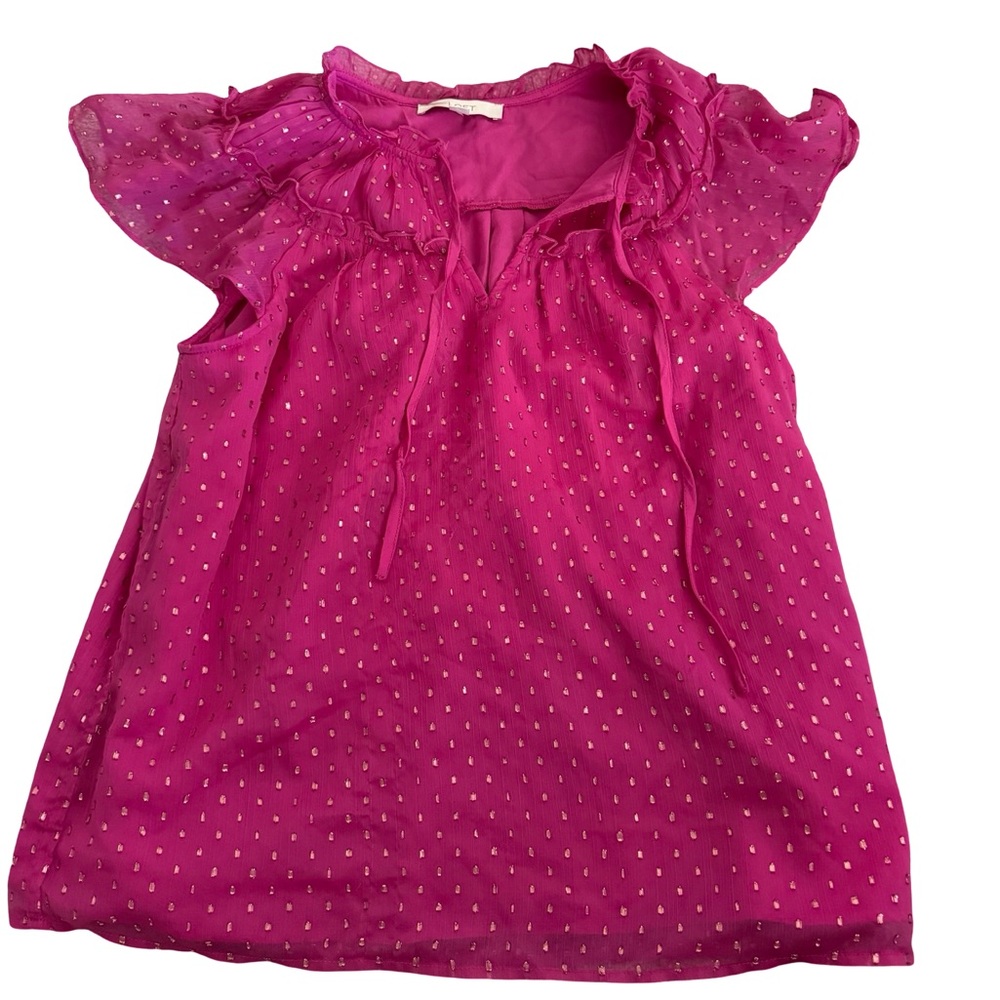 LOFT Fuchsia Metallic Dot Ruffle Sleeve Top